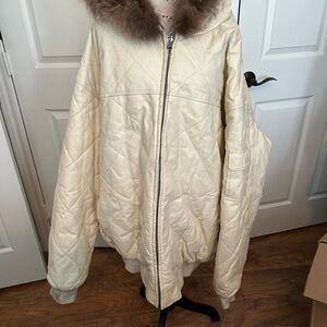 Men's leather coat, reversible with hood Cream with Fur Trim very heavy